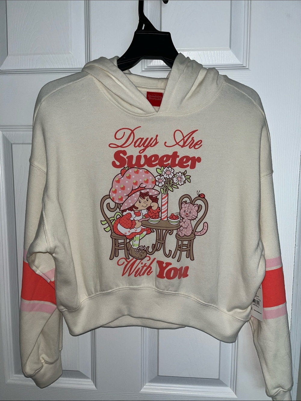 Cream Strawberry Graphic Hoodie with Pink Accents
